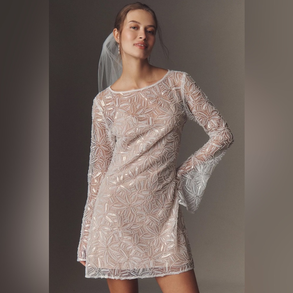 SAU LEE Odessa Long-Sleeve Beaded Appliqué Mini Dress